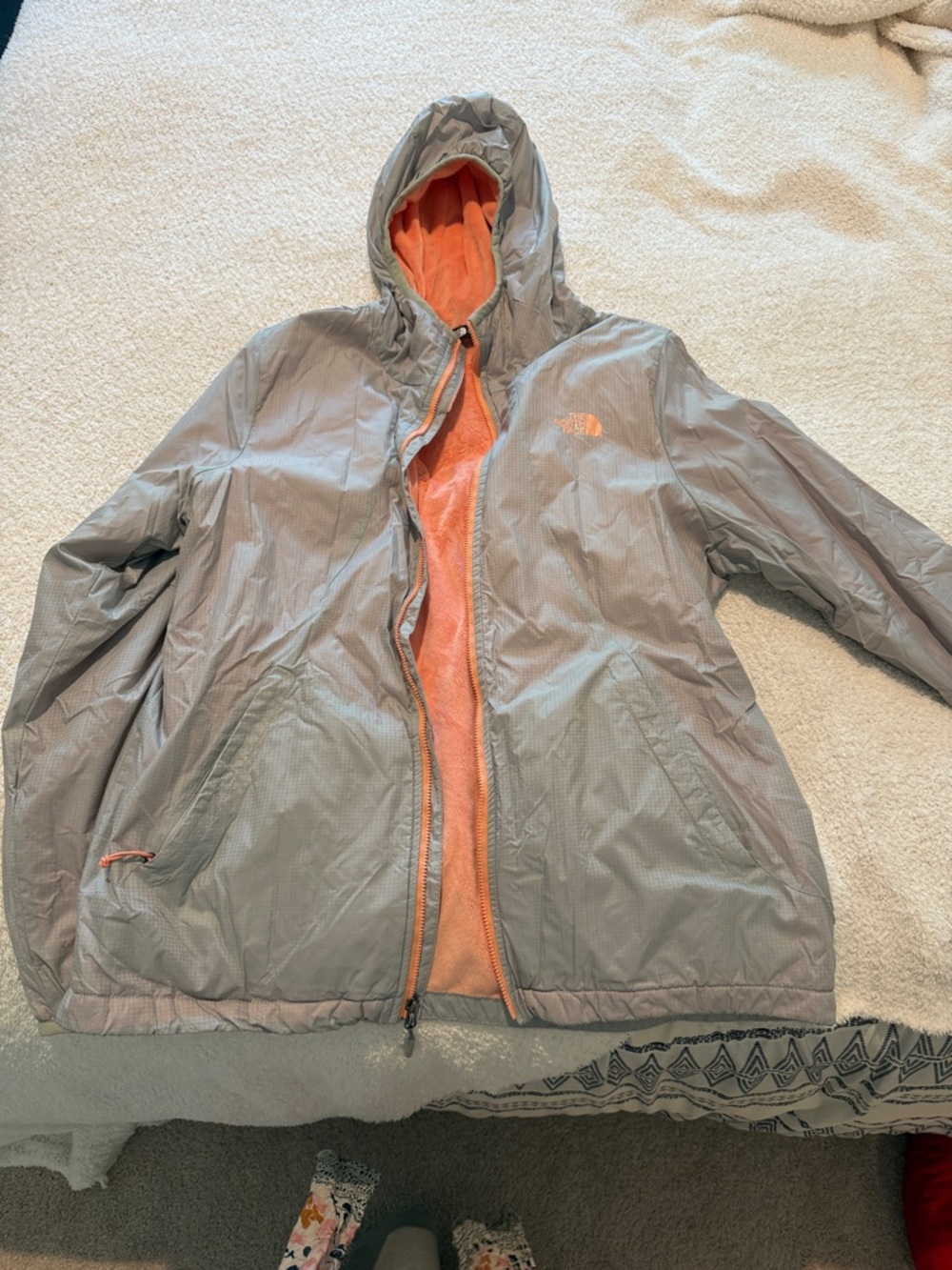 The North Face Light Gray Shell with Orange Fleece Lining Hooded Jacket